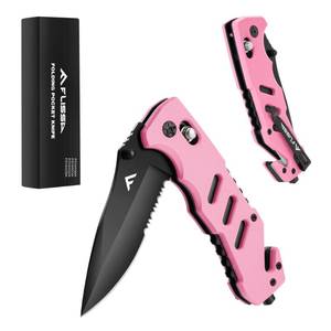 lot 16036 image: FLISSA Folding Pocket Knife with Clip, Glass Breaker and Seatbelt Cutter, Survival Knife for Emergency Rescue Situations, EDC Knife for Tactical, Hunting, Camping, Outdoor, Unique Gifts for Dad, Father-Pink