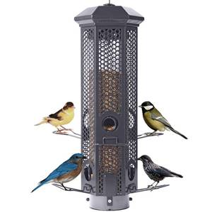 lot 16494 image: Squirrel Proof Bird Feeders with Removable Base, Metal Wild Bird Feeder for Outdoors Hanging, 6 Weight-Activated Ports Perches, 3LB Seed Capacity(Gray)