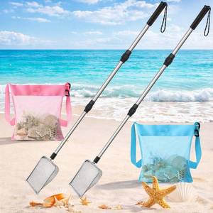 lot 16692 image: Roshtia 2 Pcs Shark Tooth Sifter with 2 Shell Bags, 22-42 Inch Adjustable Handle Mesh Sand Digger Rock Scooper for Rock Shells Shark Tooth Beach Shelling Tools (Blue, Pink)