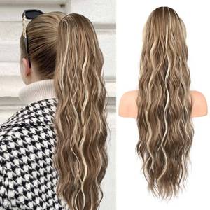 lot 18025 image: FLUFYMOOZ Ponytail Extension, 26 Inch Drawstring Ponytail Hair Extensions for Women�� Long Curly Wavy Ponytail Natural Wavy Synthetic Hairpiece for Women (26 Ash Brown with Blonde Highlights)