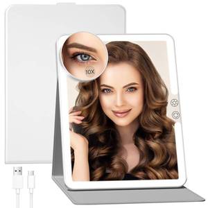 lot 18053 image: FUNTOUCH 2500mAh Large Rechargeable Travel Makeup Mirror with Light, Portable Makeup Mirror with 10X Magnifying Mirror, 3 Lighting Modes, Tabletop Folding Travel Mirror with PU Leather Cover (White)