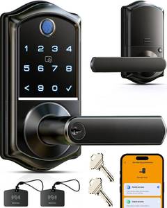lot 18063 image: Veise VE019 Fingerprint Smart Lever Lock - APP Control, Keypad Door Lock with Handle, Keyless Entry for Front Door and Bedroom, Electronic Digital Knob, Remote Grant, IP55 Weatherproof, Matte Black