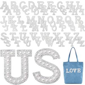lot 18072 image: WILLBOND 78 Pcs Pearl Letter Patches Pearl Iron on Letter Patches Rhinestone A-Z English Rhinestone Glitter Alphabet Repair Embroidered Sew on Appliques(White)