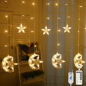 lot 19697 image: WATERGLIDE 138 LED Star Moon Curtain Decorative Lights, Window Curtain Fairy String Lights, Remote Control & USB Plug, 8 Lighting Modes for Home Holiday Ramadan Christmas Wedding Party, Warm White