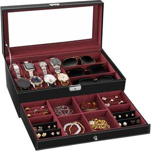 lot 19701 image: TomCare Watch Box 2-Tier Watch Case Jewelry Organizer Box with Thick Glass Lid Lockable Watch Organizer Jewelry Display Holder Sunglass Rings Necklaces Bracelets Storage Organizer for Men Women
