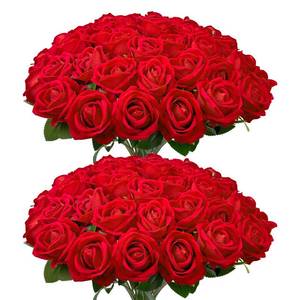 lot 19715 image: Wondrus Bulk Artificial Flowers 50 PCS, Fake Velvet Silk Red Roses with Long Stems Realistic Bouquet for Wedding Centerpieces, Faux Arrangement for Home Table Decor