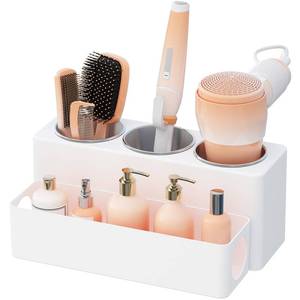 lot 19725 image: Lifewit Hair Tool Organizer Countertop, Removable Blow Dryer Holder for Bathroom, Acrylic Hot Tools Organizer Storage for Curling Iron, Brush, Straightener, 3 Stainless Cups, White, 30 cm12 inch(L)