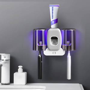 lot 19729 image: LXIANGN 3 in 1 Toothbrush Cleaner Holders,Rechargeable Wall Mounted Toothbrush Holder Toothpaste Dispenser Automatic 2 Cups Tooth Brush Holder for Bathroom, No Drilling, 4 Slots (Grey)