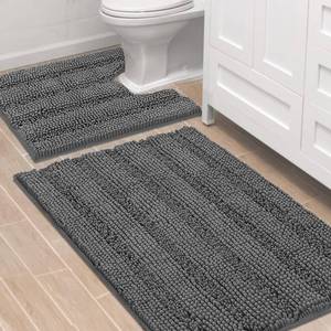 lot 19738 image: H.VERSAILTEX Bathroom Rugs Bath Rug Set 2 Piece Bathroom Contour Rug Toilet Mat Sets Non Slip Contour Bath Rug Ultra Thick Water Absorbent Striped Bath Mats Washable(36 x 24 Plus 20 x 24 U, Grey)