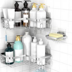 lot 19741 image: Moforoco Corner Shower Caddy Shelf Organizer Rack, Self Adhesive Black Bathroom Shelves Basket, Home Shower Inside Organization and Storage Decor Rv Accessories, First Apartment Essentials��Silver��