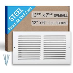lot 20348 image: Hoovate 12 x 6 Inch (Duct Opening) Return Air Vent Cover, Louvered Steel HVAC Grille for Wall and Ceiling, White Powder-Coated Rust-Resistant Finish, Decorative Design, Easy to Install