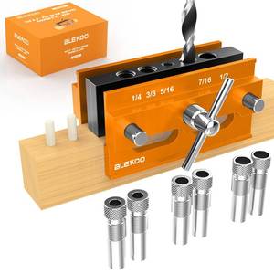 lot 20350 image: BLEKOO Self Centering Doweling Jig Kit, Drill Jig For Straight Holes Biscuit Joiner Set With 6 Drill Guide Bushings, Adjustable Width Drilling Guide Power Tool Accessory Jigs (Gold)