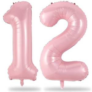 lot 20361 image: Light Pink 12th Birthday Balloon for Girls, 40 Mylar Self Inflating Number 12 Balloon, Big Foil 1 & 2 Helium Pastel Pink Balloon for Women 21st Birthday Party Decoration Anniversary Decor Supplies