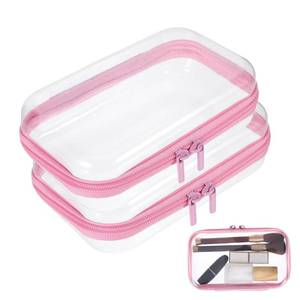 lot 20371 image: 2Pcs Pink Frame Hard Shell Zipper Case, Travel Organizer with Clear Zipper Pouches Hard Shell Design, Multipurpose Clear Makeup Bag for Snacks, Toiletries Stationery Doll Storage (7.9x3.9 Inch)