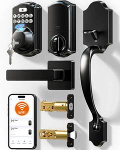 lot 3229 image: Veise VE012W-H WiFi Smart Front Door Lock Set, Built-in WiFi, App Remote & Voice Control, Fingerprint Keyless Entry Smart deadbolt with Handle, Backlit Keypad, Auto Lock, IP55 Waterproof, Matte Black