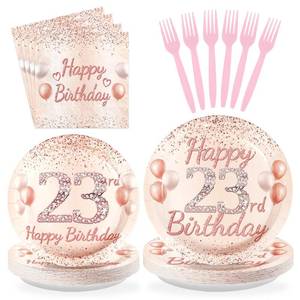 lot 4035 image: 96 Pcs 23rd Birthday Party Supplies for Women Rose Gold 23 Years Old Paper Plates and Napkins Tableware Set Disposable 23rd Birthday Decorations for Ladies Women 23 Years Old Party Serves 24