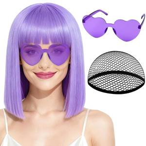 lot 4061 image: PLULON Light Purple Bob Wig with Bangs, Short Straight Bob Wig with Heart Sunglasses 12 Inch Shoulder Length Heat Resistant Synthetic Hair Cap for Women Natural Look Daily Use Cosplay Costume Party
