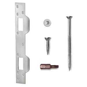 lot 4065 image: MOSECYOU Door Strike Plate Double Holes, with Reinforced TorxStar Screws & Bit, Heavy-Duty Latch Reinforcement Plate Security Striker for Exterior Interior Door (1, Satin Nickel)