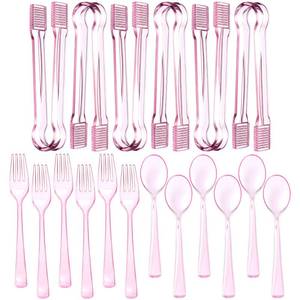 lot 4069 image: Potchen 18 Pcs Pink Plastic Silverware Set Disposable Clear Heavy Duty Serving Utensils 6 Serving Tongs 6 Spoons 6 Forks for Birthday Wedding Baby Shower Bridal Kitchen Food Ice Salad Buffet Party