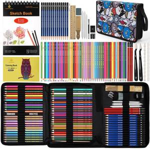 lot 4072 image: Daerthotk 100 Art Supplies Drawing Kit Pro Drawing Supplies Set has 3-Color Sketchbook Coloring book Graphite Colored Charcoal Watercolor Pencils Drawing Set Gifts Case for Artists Adults Family