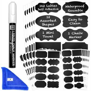 lot 4077 image: Chalkboard Labels for Jars 162pcs - Waterproof Reusable Chalk Sticker Labels for Containers Storage Jars - 12 Unique Shapes & 3 Sizes Includes Erasable Liquid Chalk Marker & Mini Towel (Pack of 162)