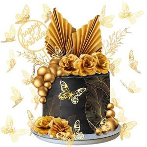 lot 4082 image: Shimeyao 52 Pcs Gold Happy Birthday Cake Topper Decoration Boho Wedding Cake Topper Rose Flower Butterfly Palm Leaves Balls Birthday Decoration for Women Men Party Decor(Gold)