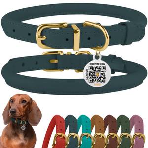 lot 4099 image: BronzeDog Rolled Leather Dog Collar with QR ID Tag, Adjustable Soft Round Collars for Small Medium Large Dogs Puppy (11 - 14 12 Neck Size, Denim)
