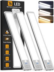 lot 4122 image: Under Cabinet Lighting Wireless, Rechargeable Motion Sensor Light Indoor, 3 Color Dimmable Closet Light Battery Operated with LED Power Display, Magnetic Under Counter Lights for Kitchen, Home (3Pack)