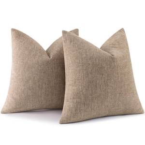 lot 4132 image: decorUhome Spring Chenille Decorative Throw Pillow Covers 18x18 Set of 2, Farmhouse Textured Square Neutral Solid Accent Pillow Covers for Couch Sofa Bed Living Room Home Decor, Khaki