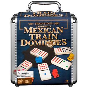 lot 4172 image: Spin Master Games, Mexican Train Dominoes Set in Aluminum Carry Case, Includes Colorful Trains for Fun-Filled Family Game Night, for Kids & Family, 2-8 Players, for Ages 8 & Up
