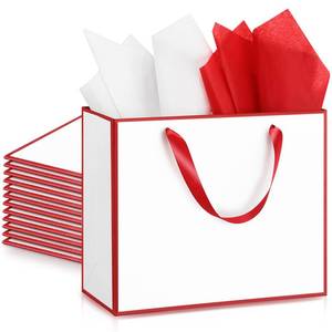 lot 4173 image: ReliThick 12 Pack Metallic Paper Gift Bag with Handles and Tissue Paper 11.8 x 10 x 4 Thank You Favor Bag for St. Patricks Day Wedding Bridesmaid Groomsman 5 Senses Gifts (White,Red)