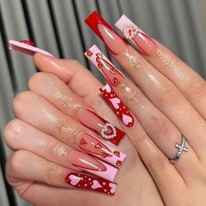 lot 4190 image: Valentines Press on Nails Square Long Fake Nails French Tip False Nails With Pink Love Heart Pearls Mushroom Designs Full Cover Stick on Nails Acrylic Valentines Artificial Nails for Women 24Pcs