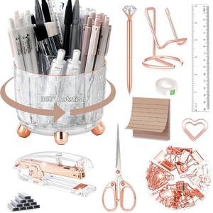 lot 5088 image: Rose Gold Desk Accessories, Office Supplies Desk Organizers 360°Pen Holder Acrylic Stapler Set, Phone Holder, Ballpoint Pen, Scissor, Binder Clips, Ruler, Transparent Glue, Sticky Note and Staples.