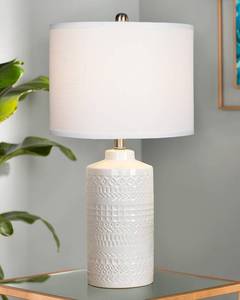 lot 5107 image: JUNNAI 24.5 White Ceramic Table Lamp 3-Way Dimmable Nightstand with White Linen Shade Bedside Lamp for Bedrooms & Living Room Office Reading(Bulb Included)