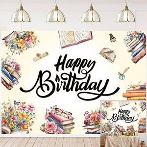 lot 6044 image: Reading Birthday Backdrop Retro Book Theme Flowers Happy Birthday Photography Background Kids Adult Book Lovers Library Party Decor Banner Supplies (6x4FT)