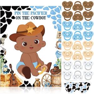 lot 6047 image: Faccito Pin The Pacifier on The Cowboy Party Games First Rodeo Party Decor Include a Baby Poster Blindfold 24 Pacifier Stickers for Western Theme Baby Shower Decorations(Black,West Cowboy)