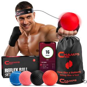 lot 6053 image: Champs MMA Boxing Reflex Ball Set with Punch Counter App  4 Balls with Varying Weights, Headband & 4 Spare Strings to Improve Speed, Hand Eye Coordination Training  Boxing Equipment, MMA Gear Gift
