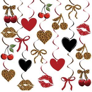 lot 6071 image: 20PCS Cheetah Cherry Birthday Party Decorations Leopard Hanging Swirls Decor with Red and Black Cheetah Cherry Print Pattern Card Safari Animal Birthday Party Decorations Sulpplies for Women Girls