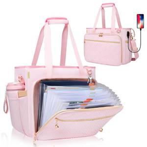 lot 6080 image: Sambois Teacher Tote Bag with Accordion File Organizer Pocket, Soft Nylon Utility Bag with 15.6 inch Laptop Compartment & USB Port, Large Work Tote Bag for Office Supplies Women (Pink)