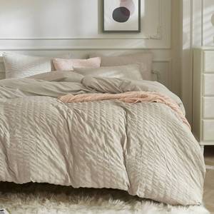 lot 6090 image: JELLYMONI Light Khaki Duvet Cover Twin Size, 3pcs Washed Microfiber Bedding Set, Soft Breathable Seersucker Duvet Cover Set with Zipper Closure and Corner Ties for All Seasons