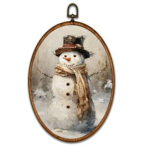 lot 6099 image: BCUANGD Vintage Snowman Oval Wall Art Decor - Retro Winter Snow Wall Art Canvas Frame Artwork Prints, Rustic Christmas Holiday Cottage Oval Wall Hanging Decorations for Home Farmhouse, 8.6x11.4small tear at the top of the frame