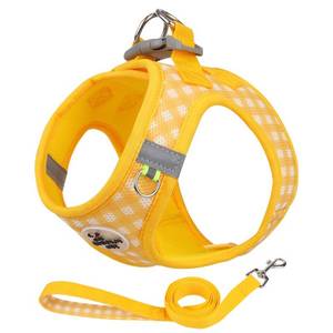 lot 6118 image: Soft Mesh Dog Harness and Leash Set, Step-in Escape Proof Vest Harnesses, Reflective Breathable Pet Harness Adjustable Plaid Pet Outdoor Harnesses for Medium Dogs, Yellow L