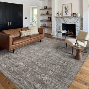 lot 6136 image: Rugxara Area Rugs 5x7 for Living Room Bedroom, Grey Washable Rug, Vintage Retro Boho Rug, Non Slip & Low Pile Faux Wool Thin Carpet for Indoor Dining Room, Dorm and Kids Room(TaupeGrey 5x7ft)