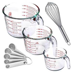 lot 6138 image: Leraze Set of 3 Glass Measuring Cups with Measuring Spoons & Whisk - Kitchen Mixing Bowl Liquid Measure Cup, Glass Bakeware. 1 cup, 2 cup, 4 cup., Multi Size, Clear