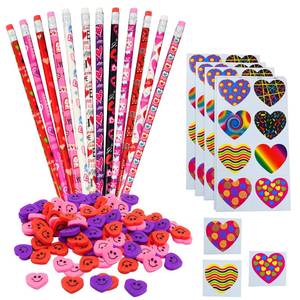 lot 6148 image: 4Es Novelty 36 Set Valentine��s Day Stationary Gifts for Kids - 36 Pencils, 36 Heart Erasers, 104 Stickers - Valentines Classroom Exchange Toys, Class Party Favors From Teacher To Student