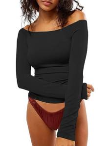 lot 6200 image: DUKBUBI Womens Off The Shoulder Long Sleeve Y2K Tops Slim Fit Going Out Top Basic Tee Sexy Crop Tops Black size S
