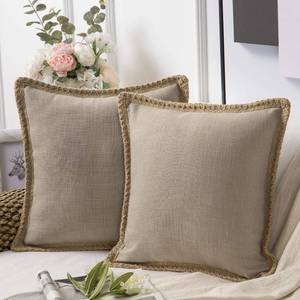 lot 6201 image: Phantoscope Pack of 2 Farmhouse Decorative Solid Throw Decorative Pillow Cover Burlap Linen Trimmed Tailored Edges Beige 20 x 20 inches, 50 x 50 cm