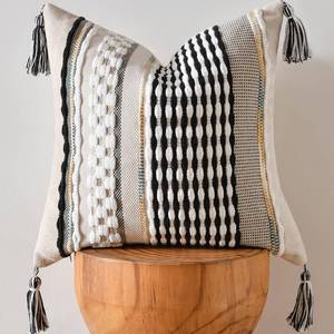 lot 6202 image: AmHoo Chenille Striped Textured Boho Throw Pillow Covers Aesthetic with Tassels Woven Decorative Pillow Case for Couch Bed Sofa Bedroom Modern Funky 18 x 18-Inch Black