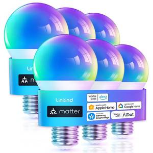 lot 11149 image: Linkind Matter Smart Light Bulb, WiFi Smart Bulbs, Work with Apple Home, Siri, Alexa, Google, SmartThings, RGBTW Color Changing Bulbs Mood Lighting, Music Sync, A19 E26 60W, 2.4Ghz WiFi 6 Pack