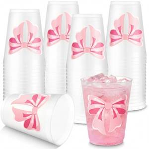 lot 11190 image: Tioncy 50 Pcs 16oz Pink Bow Frosted Cups, Coquette Bow Plastic Frosted Cups, Valentines Day PP Plastic Pink Bowknot Cup for Hot Cold Drinkware Valentines Birthday Wedding Party Supplies Decorations
